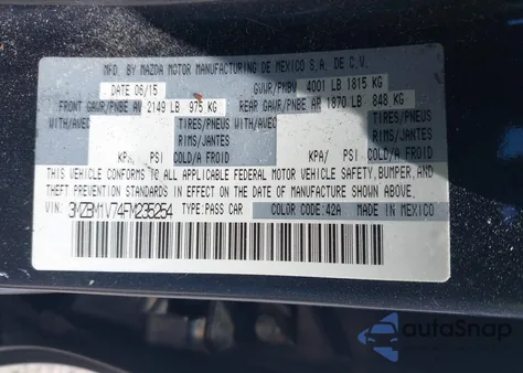 2015 Mazda Mazda3 I Touring z USA, uszkodzony, nr VIN 3MZBM1V74FM235254